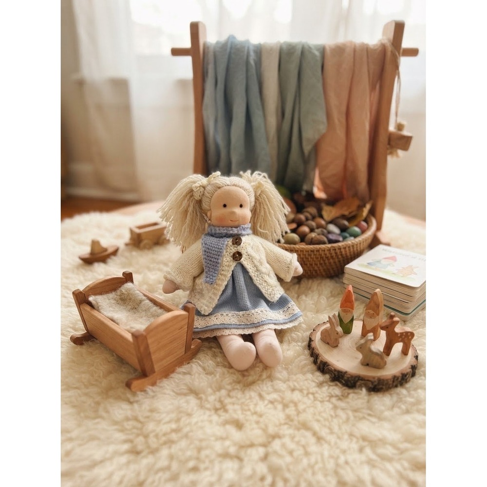 Handmade Waldorf Doll 12 Inch Blonde Yarn Hair Blue Dress Knit Cardigan Toy